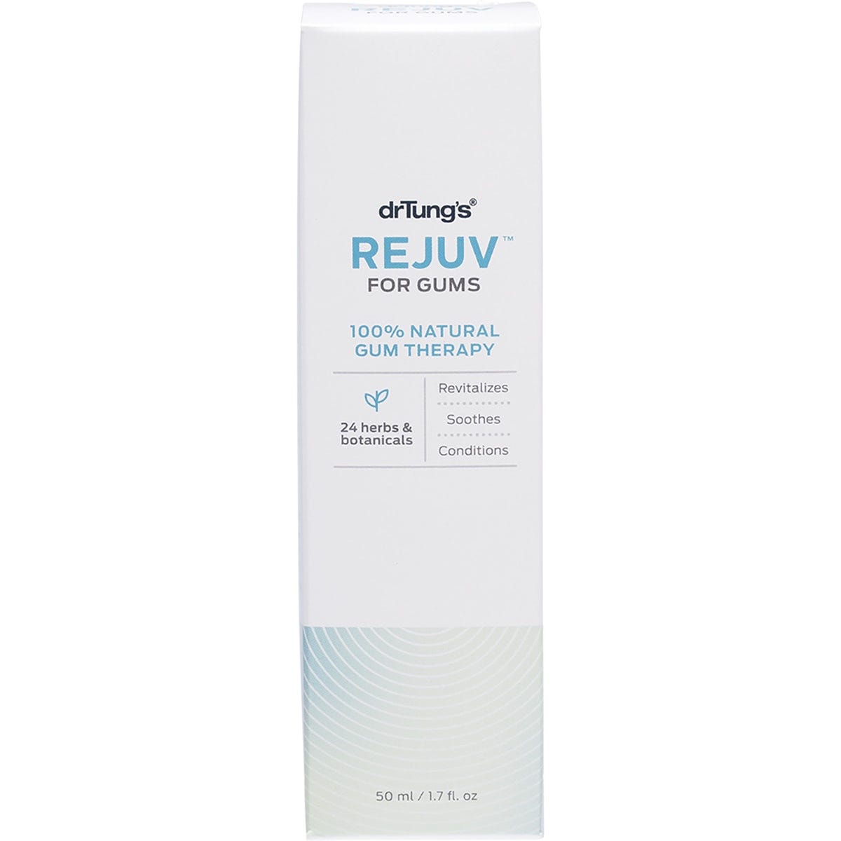 Dr. Tung's Rejuv for Gums 50ml bottle with a dropper lid and white label featuring Ayurvedic herbs and botanicals.