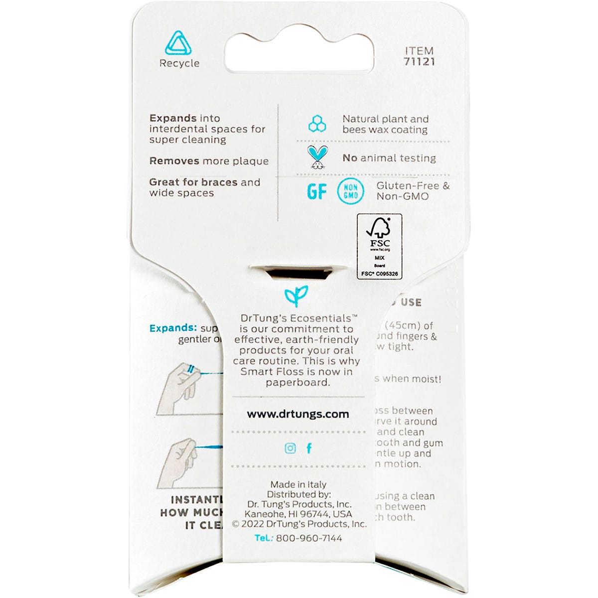 Side view of a green Dr Tung's Smart Floss dispenser showing the soft, expanding dental floss.