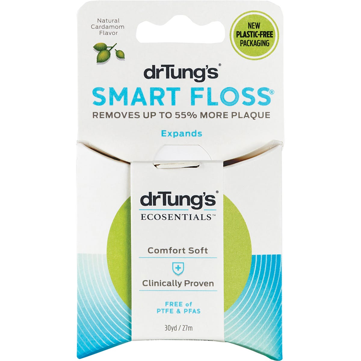 Back of Dr Tung's Smart Floss packaging showing product benefits, usage directions, and an eco-friendly logo.