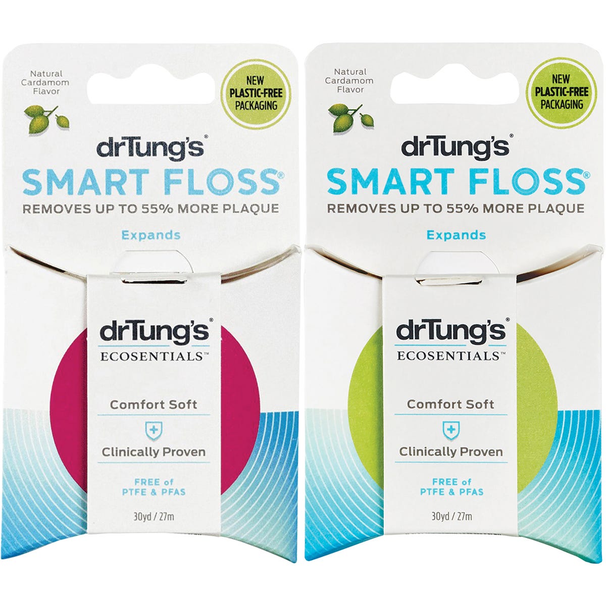 Two packs of Dr Tung's Smart Floss in colorful dispensers, featuring a soft, expanding design for plaque removal.