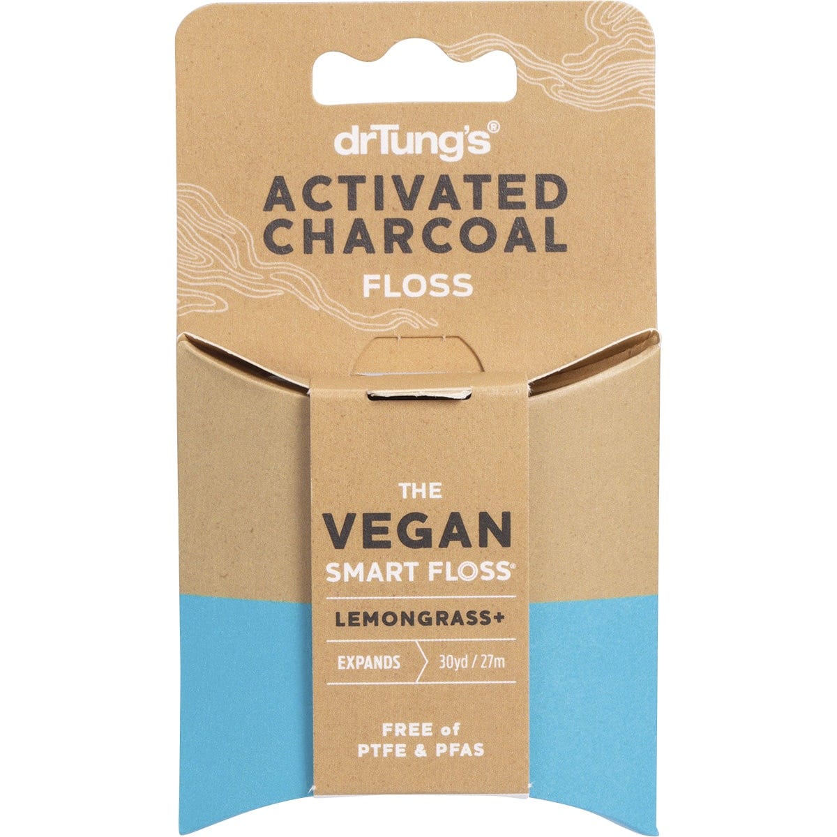 Dr Tung's Smart Vegan Dental Floss with activated charcoal and lemongrass in a black and green paperboard dispenser.