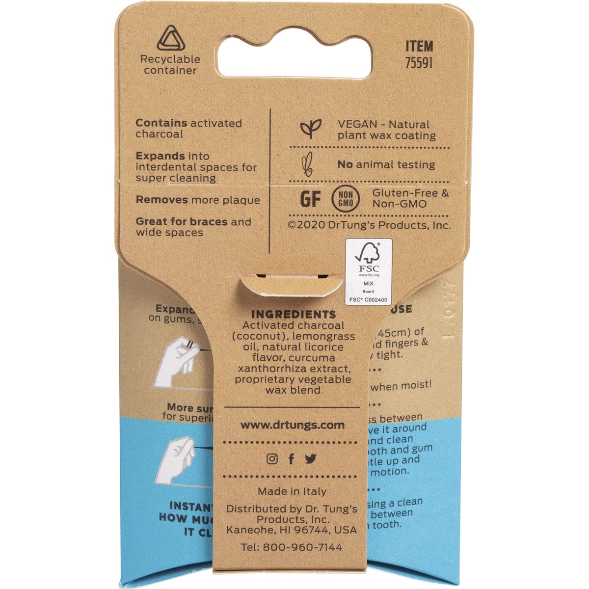 Black and green paperboard dispenser for Dr Tung's Smart Vegan Dental Floss with activated charcoal and lemongrass.