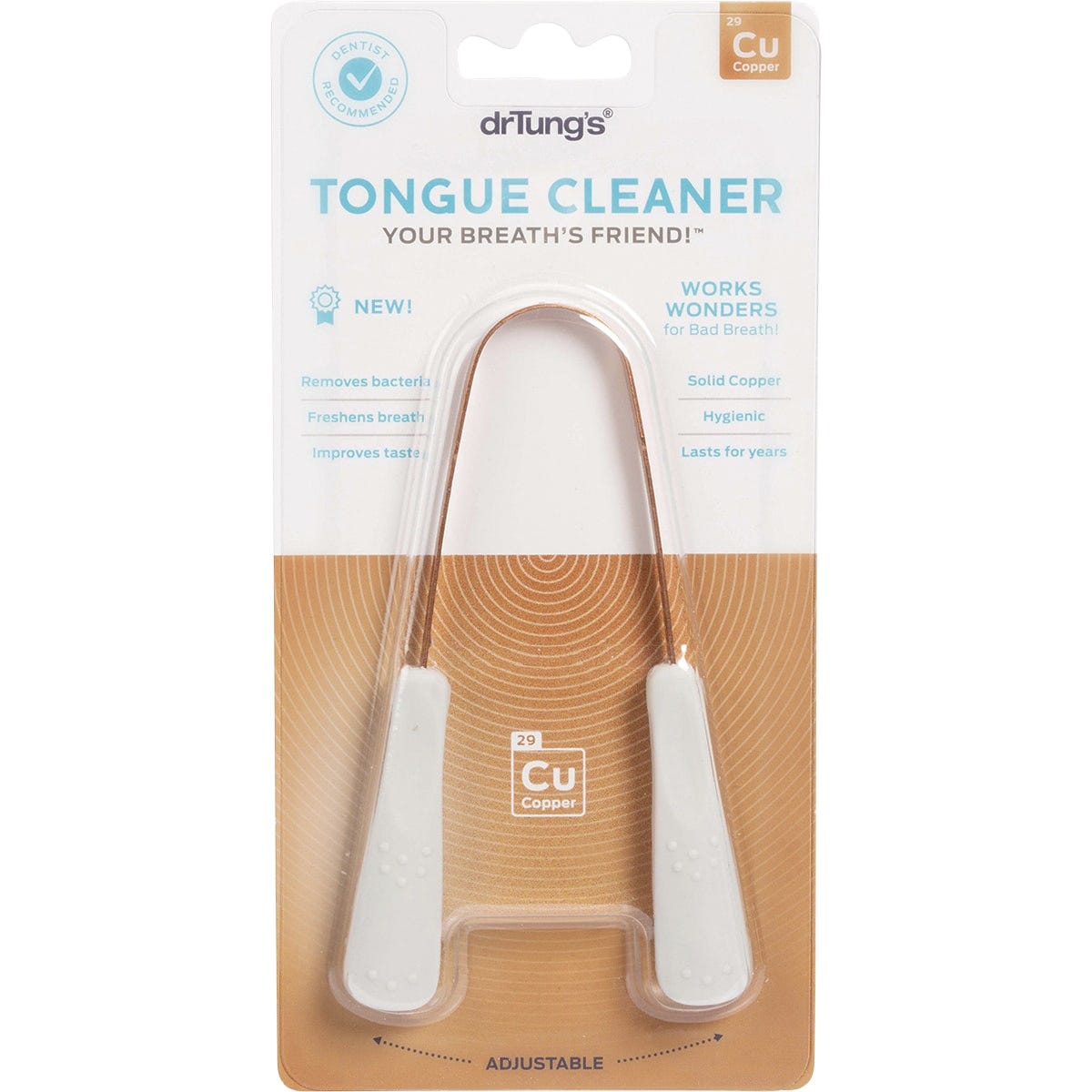 Copper Dr Tung's Tongue Cleaner with curved cleaning edge and soft, green comfort-grip handles in original packaging.
