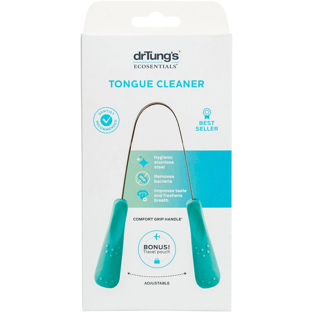 Dr. Tung's stainless steel tongue cleaner with a U-shaped design and colored handles on a white background.