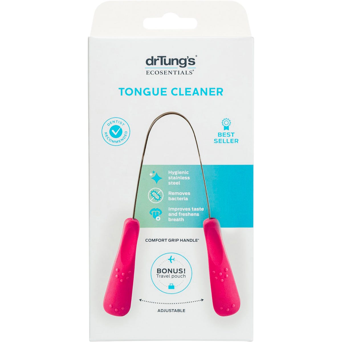 Dr. Tung's stainless steel tongue cleaner with a U-shaped design and turquoise handles on a white background.