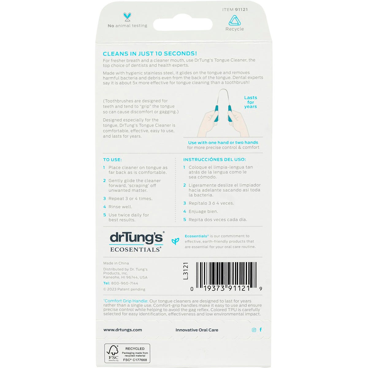 Stainless steel Dr. Tung's tongue cleaner with a U-shaped design and blue handles on a white background.