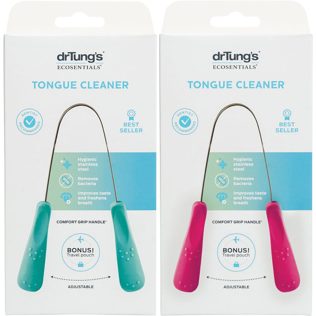 Dr. Tung's stainless steel tongue cleaner with a U-shaped design and colored handles on a white background.