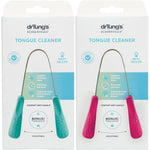 Dr. Tung's stainless steel tongue cleaner with a U-shaped design and colored handles on a white background.