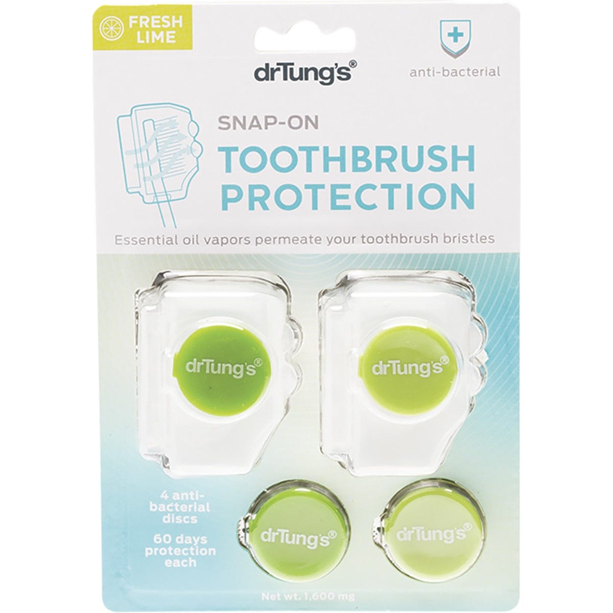 Two snap-on toothbrush protectors in blue and green with two round refill discs on a white background.