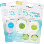 Two snap-on toothbrush protectors in blue and green with two round refill discs on a white background.
