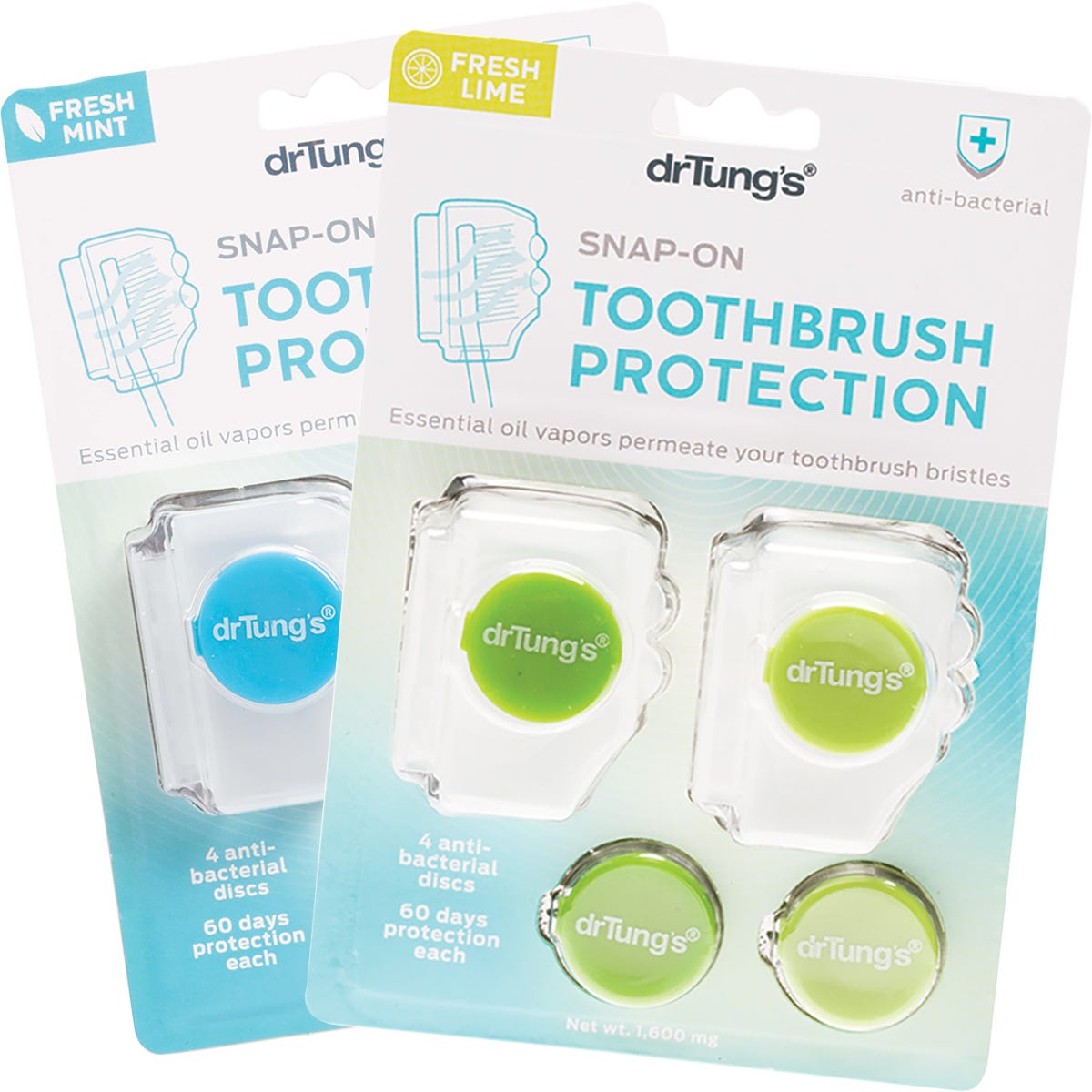 Two snap-on toothbrush protectors in blue and green with two round refill discs on a white background.