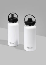 White Cheeki 1L insulated water bottle with its black dual-option sipping lid shown on a white background.
