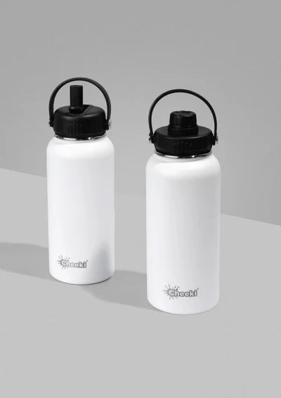 White Cheeki 1L insulated water bottle with its black dual-option sipping lid shown on a white background.