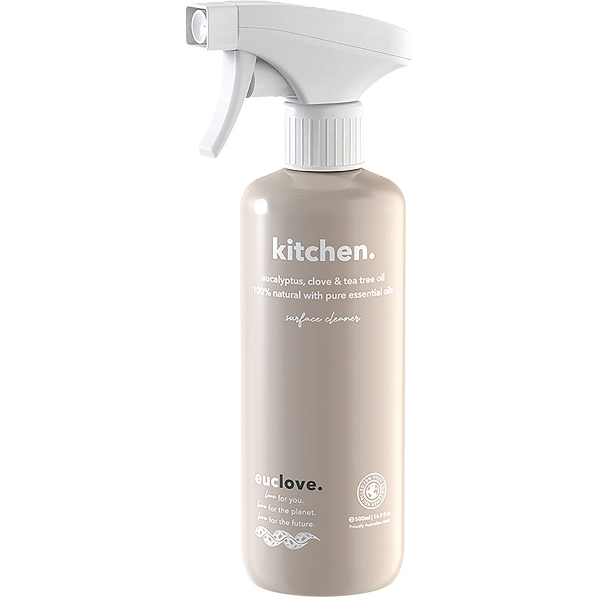 500ml spray bottle of Euclove Kitchen Cleaner with eucalyptus, clove, and tea tree essential oils.