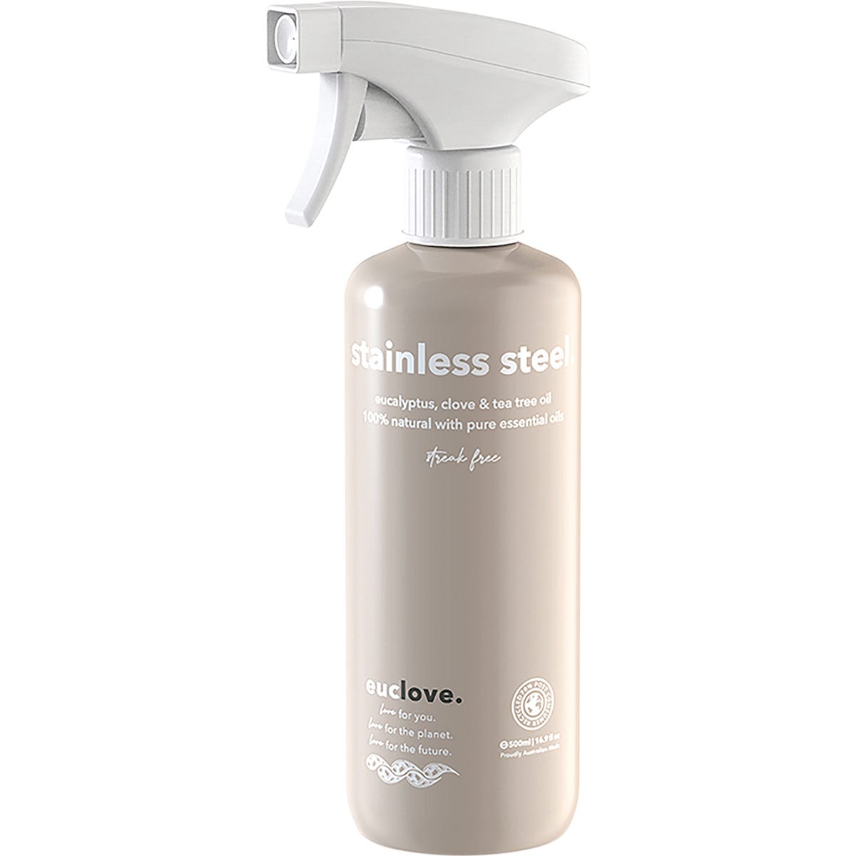 500ml bottle of Euclove Stainless Steel Cleaner with eucalyptus, clove, and tea tree oils on a white background.