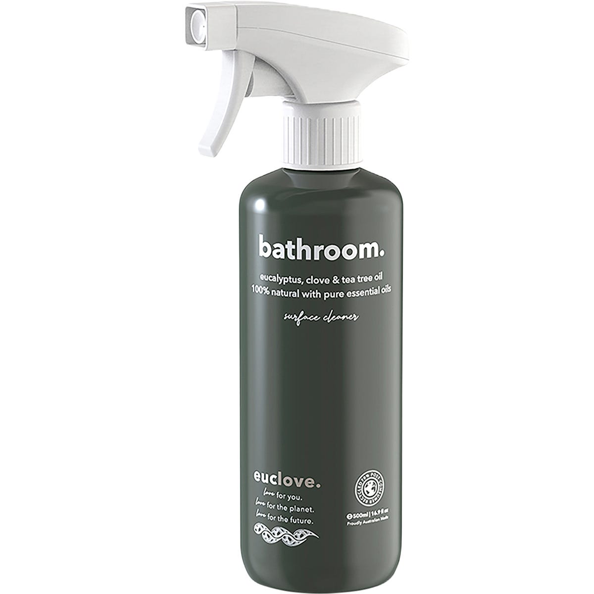 500ml spray bottle of Euclove Bathroom Cleaner with eucalyptus, clove, and tea tree essential oils.