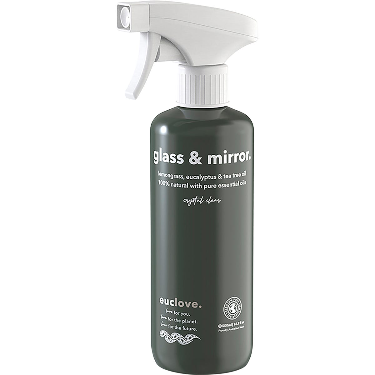 500ml bottle of Euclove Glass and Mirror cleaner with lemongrass, eucalyptus, and tea tree oils on a white background.