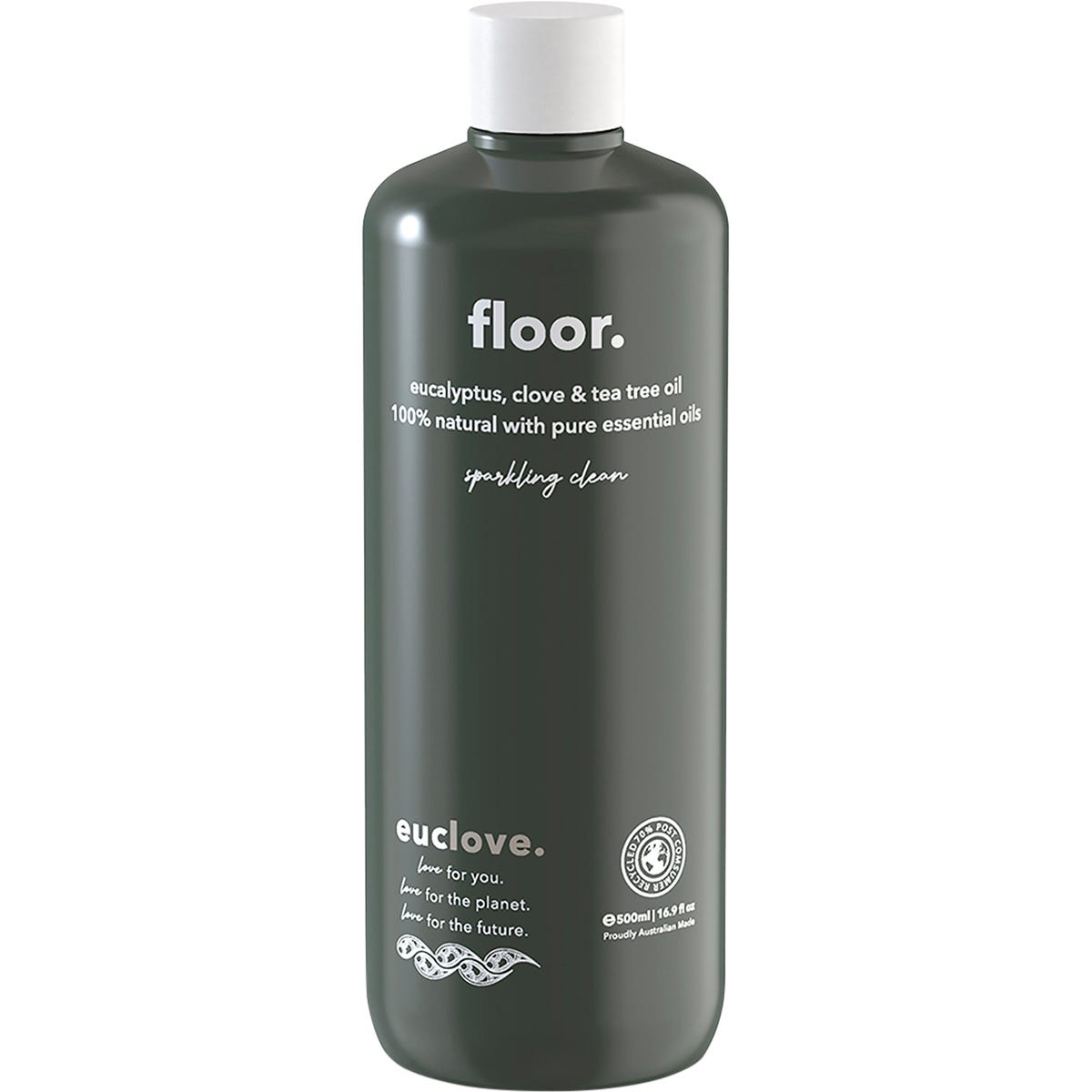500ml bottle of Euclove Floor Cleaner with eucalyptus, clove, and tea tree essential oils.