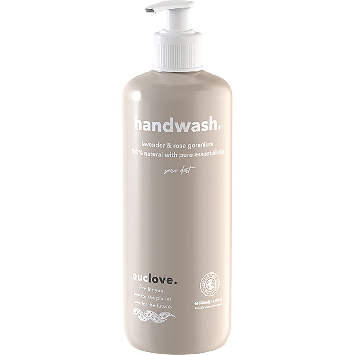 500ml pump bottle of Euclove Hand Wash Lavender and Rose Geranium featuring a black label with floral illustrations.