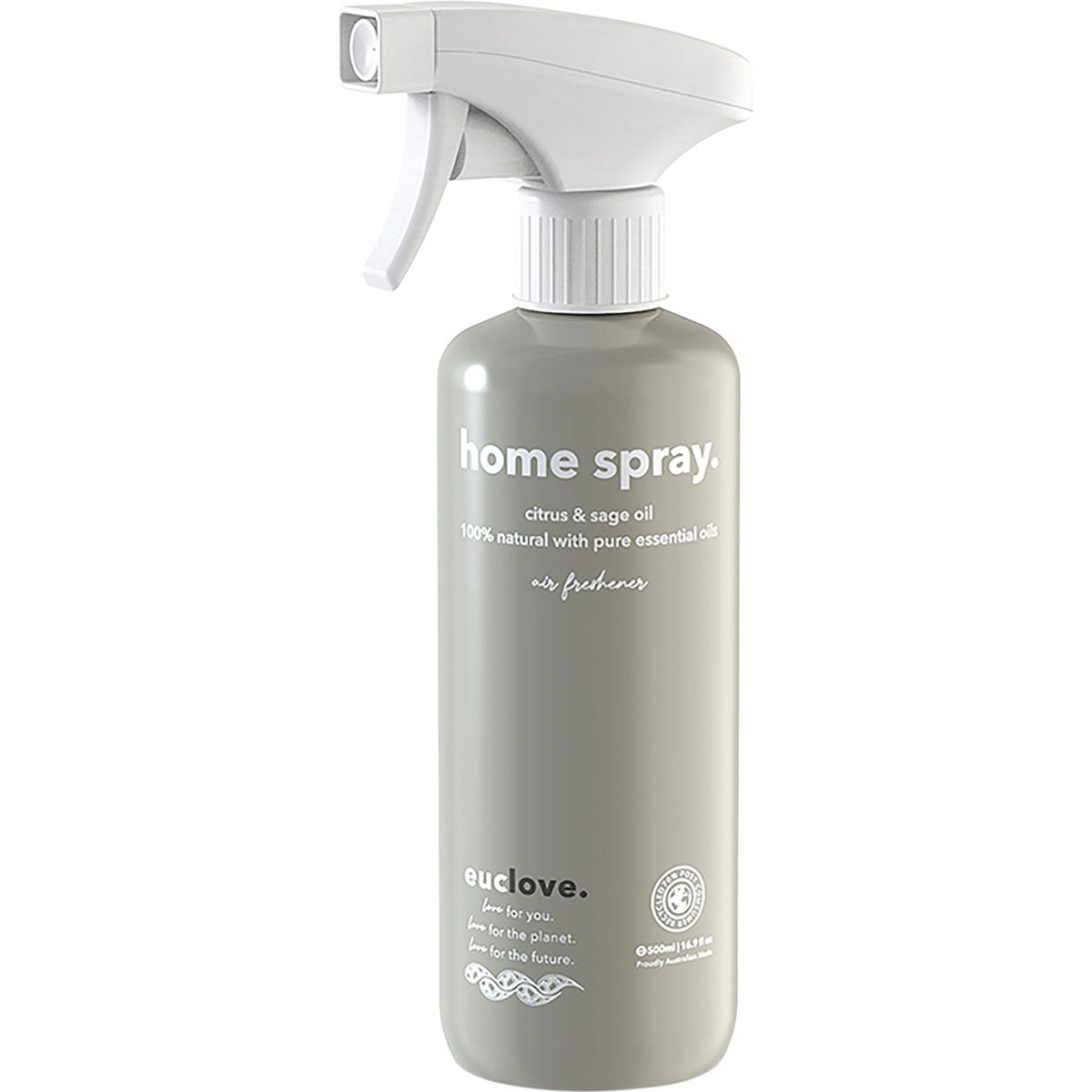 500ml bottle of Euclove Citrus and Sage Home Spray with a black trigger spray nozzle on a white background.