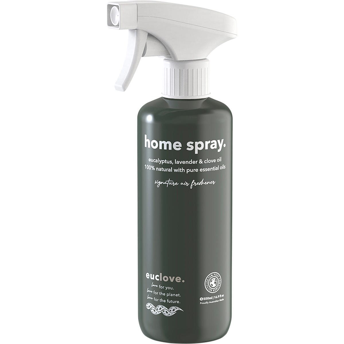 500ml bottle of Euclove Home Spray with eucalyptus, lavender, and clove oil, featuring a black trigger spray cap.