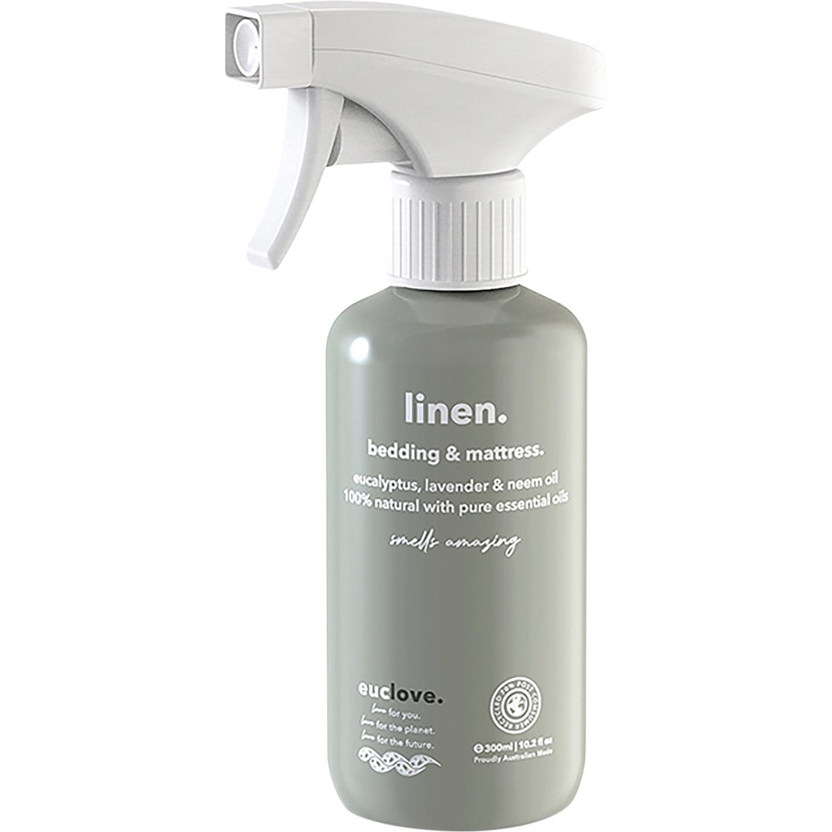 300ml bottle of Euclove Natural Linen and Bedding Spray with eucalyptus, lavender, and neem oil.