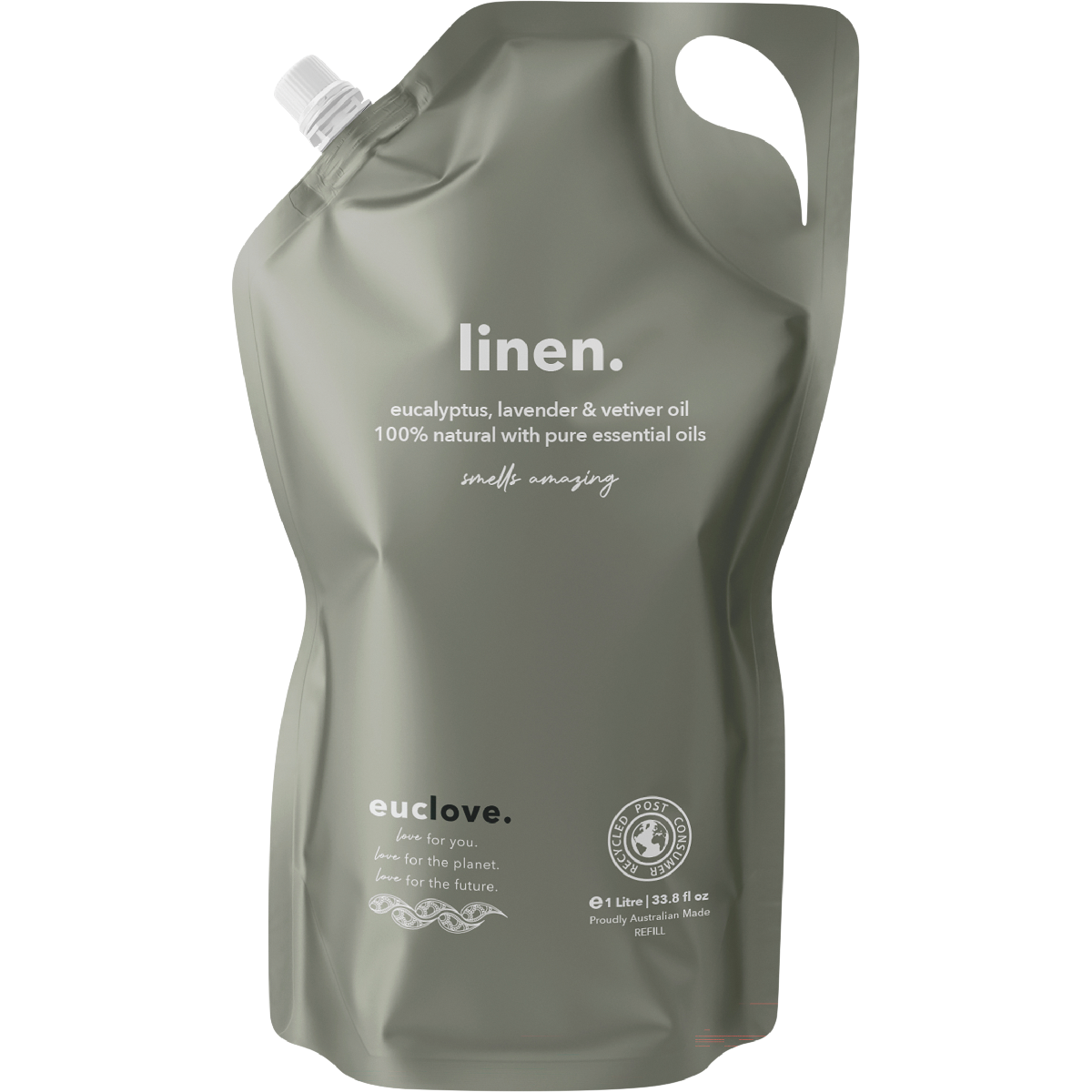 Euclove 1L Linen Spray Refill bottle with eucalyptus, lavender, and neem oil on a white background.