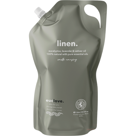 Euclove 1L Linen Spray Refill bottle with eucalyptus, lavender, and neem oil on a white background.