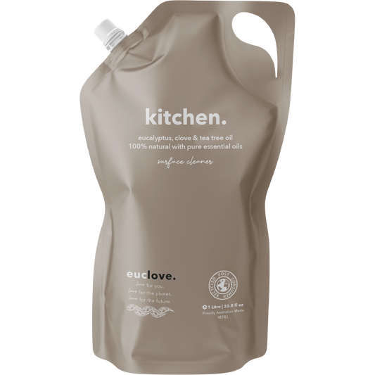 Euclove 1L Kitchen Cleaner Refill bottle with eucalyptus, clove, and tea tree oils on a white background.