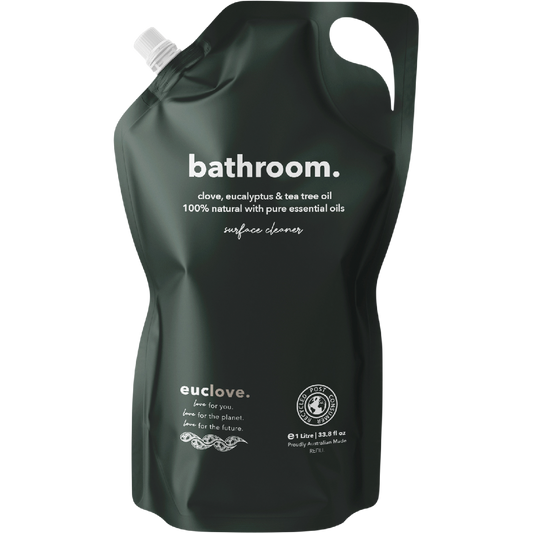 Euclove 1L Bathroom Cleaner Refill bottle with eucalyptus, clove, and tea tree on a white background.
