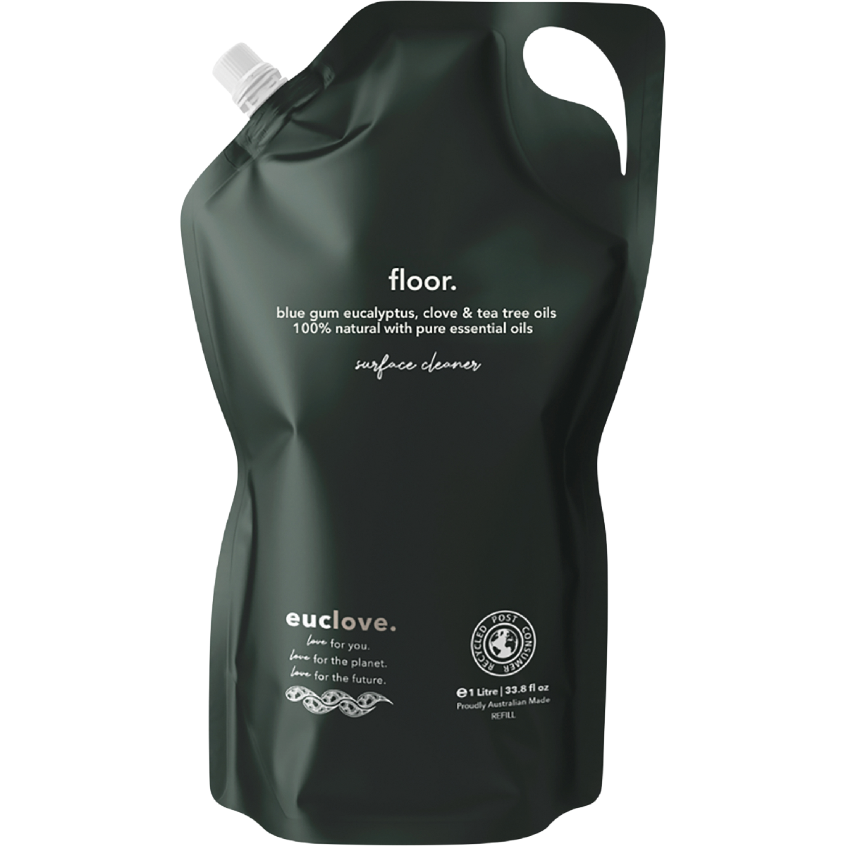Euclove 1L Floor Cleaner Refill bottle with eucalyptus, clove, and tea tree oils on a white background.