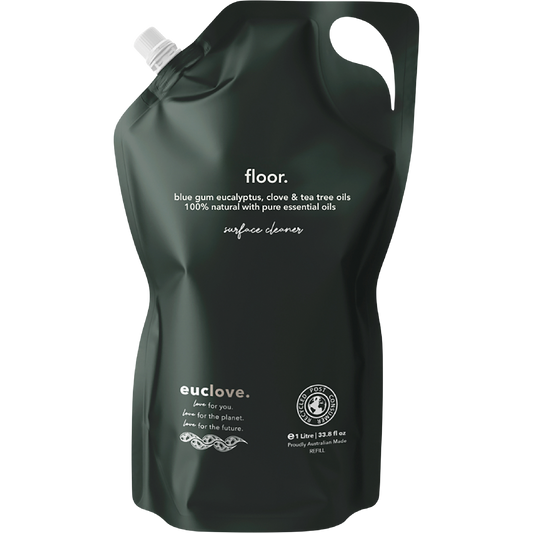 Euclove 1L Floor Cleaner Refill bottle with eucalyptus, clove, and tea tree oils on a white background.