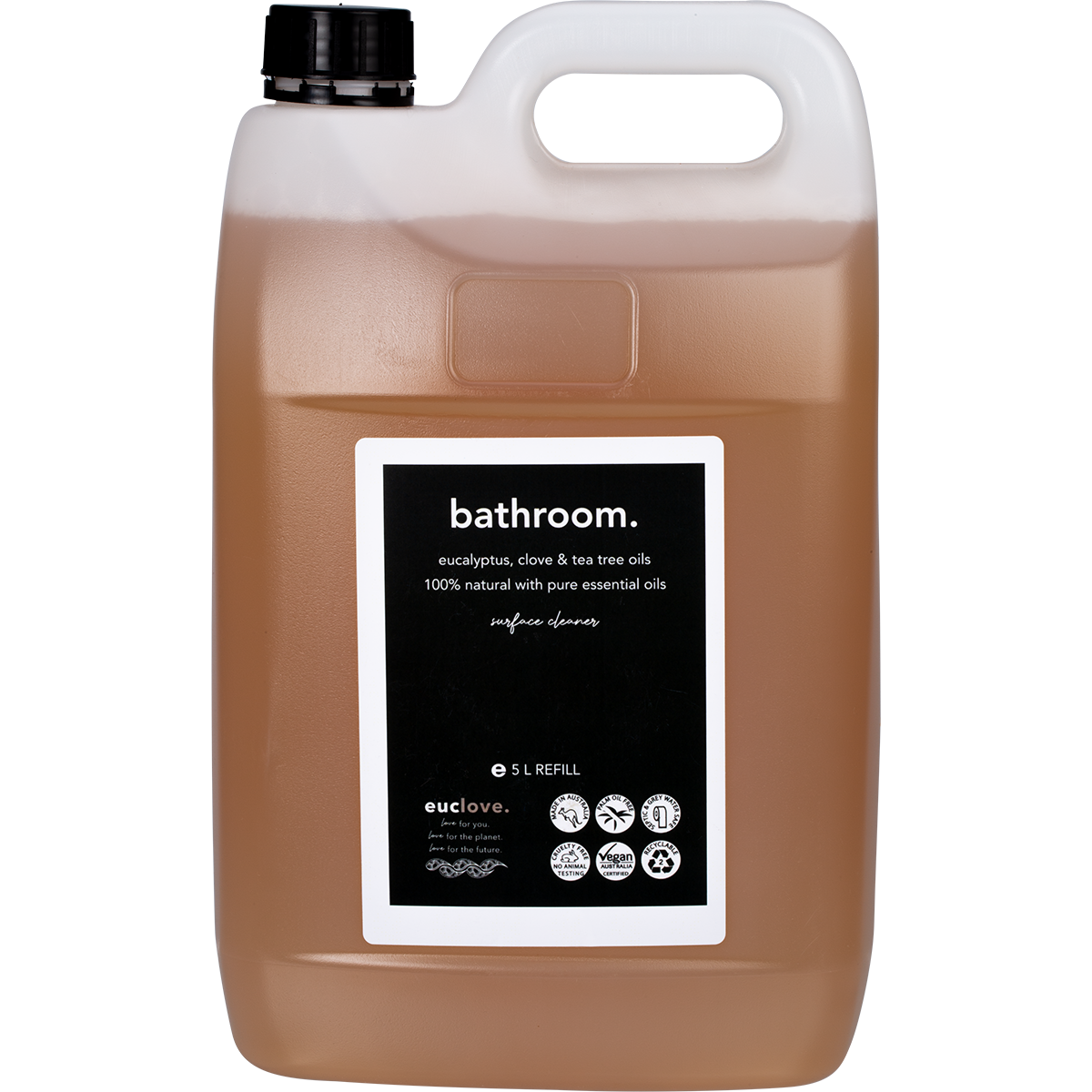 5L bottle of Euclove Bathroom Cleaner with eucalyptus, clove, and tea tree oils on a white background.