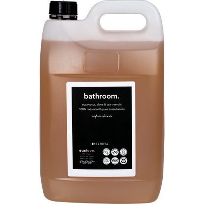 5L bottle of Euclove Bathroom Cleaner with eucalyptus, clove, and tea tree oils on a white background.