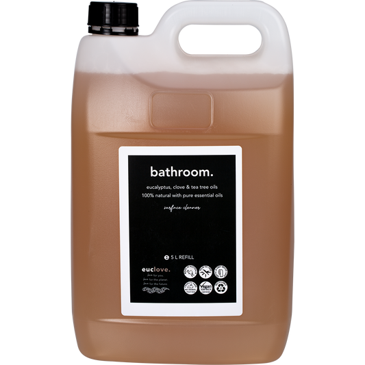 5L bottle of Euclove Bathroom Cleaner with eucalyptus, clove, and tea tree oils on a white background.