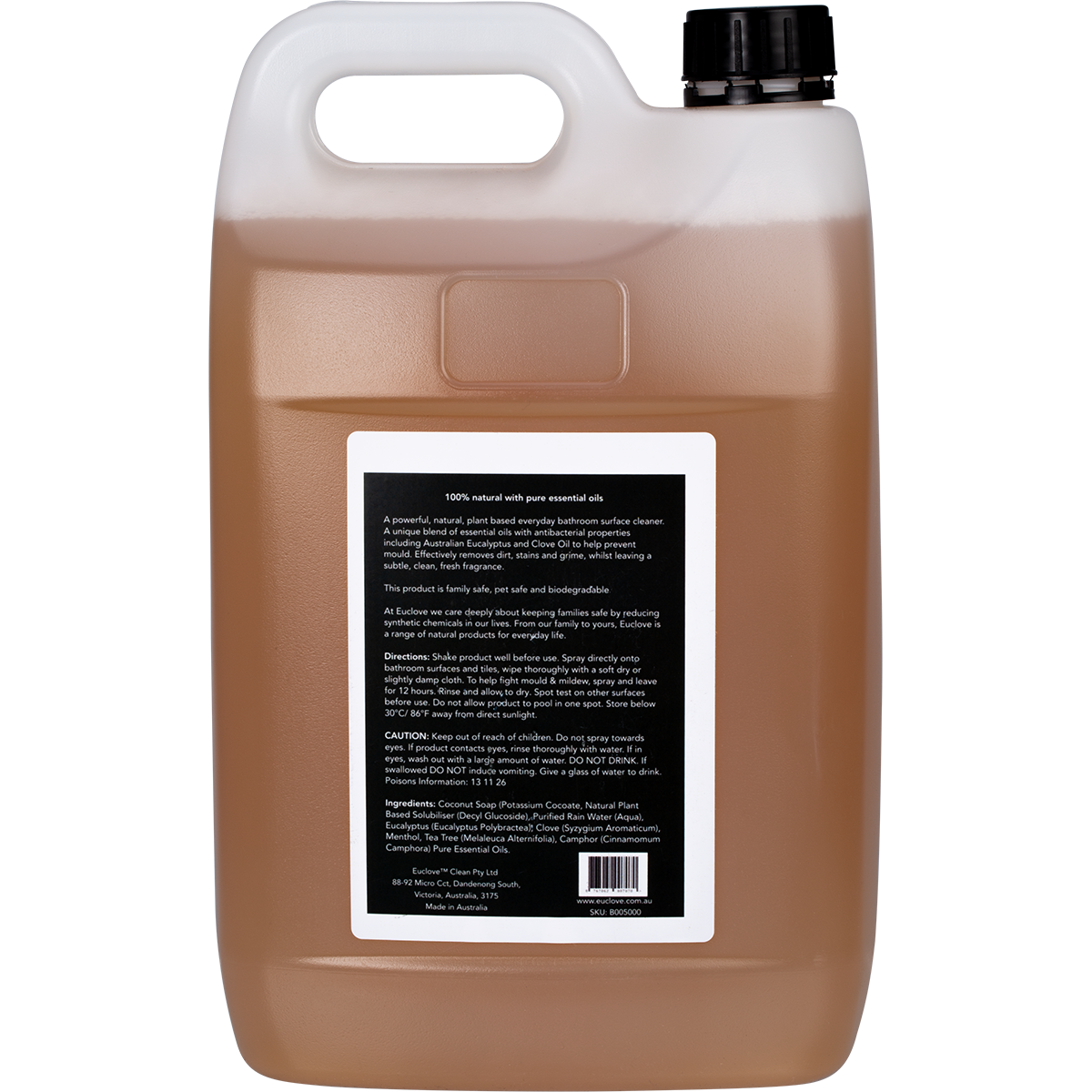 Back of a 5L Euclove Bathroom Cleaner bottle showing product information and instructions on a white background.