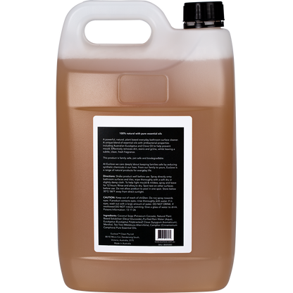 Back of a 5L Euclove Bathroom Cleaner bottle showing product information and instructions on a white background.
