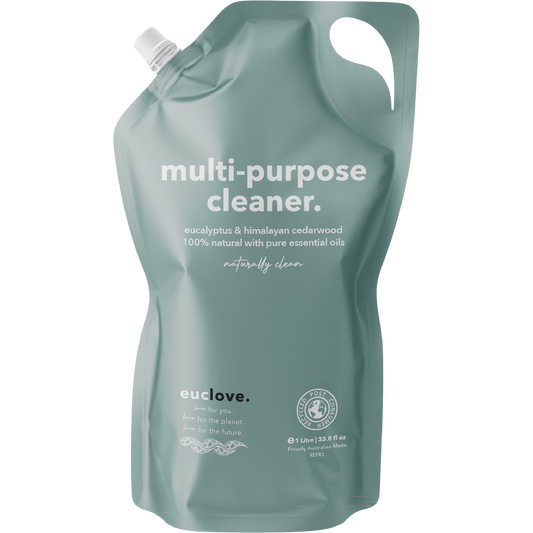 Euclove 1L Multi-Purpose Cleaner Refill bottle with eucalyptus and cedarwood on a white background.