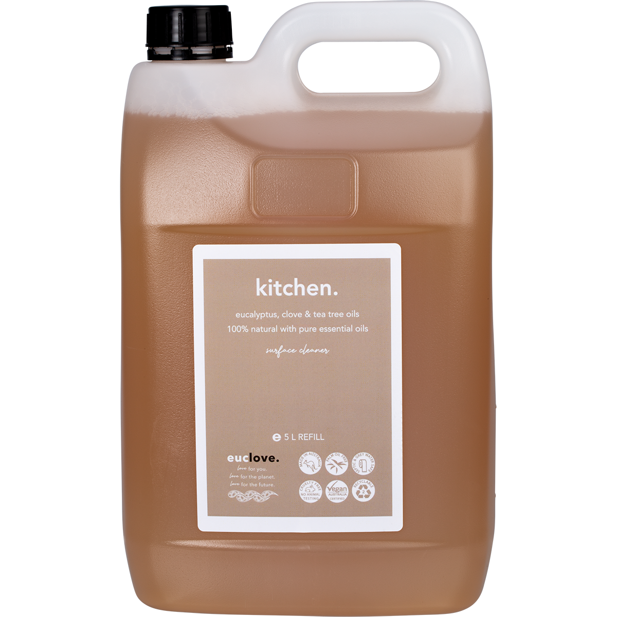 5L white bottle of Euclove Kitchen Cleaner with eucalyptus, clove, and tea tree essential oils.