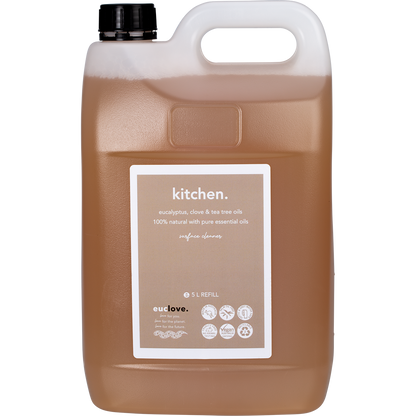 5L white bottle of Euclove Kitchen Cleaner with eucalyptus, clove, and tea tree essential oils.