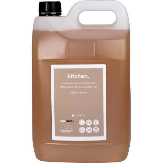 5L white bottle of Euclove Kitchen Cleaner with eucalyptus, clove, and tea tree essential oils.