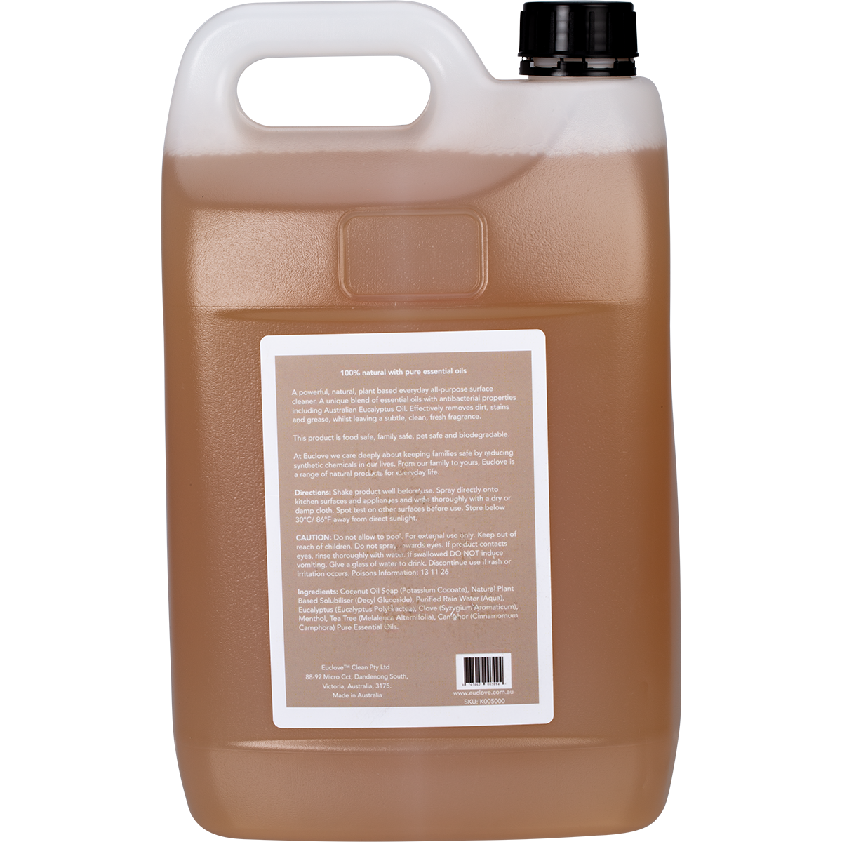 Back label of Euclove Kitchen Cleaner 5L bottle featuring directions, ingredients, and Australian made logo.