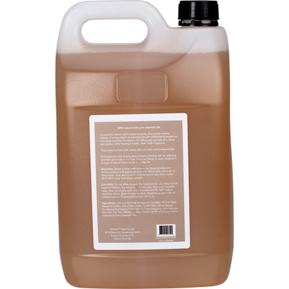 Back label of Euclove Kitchen Cleaner 5L bottle featuring directions, ingredients, and Australian made logo.