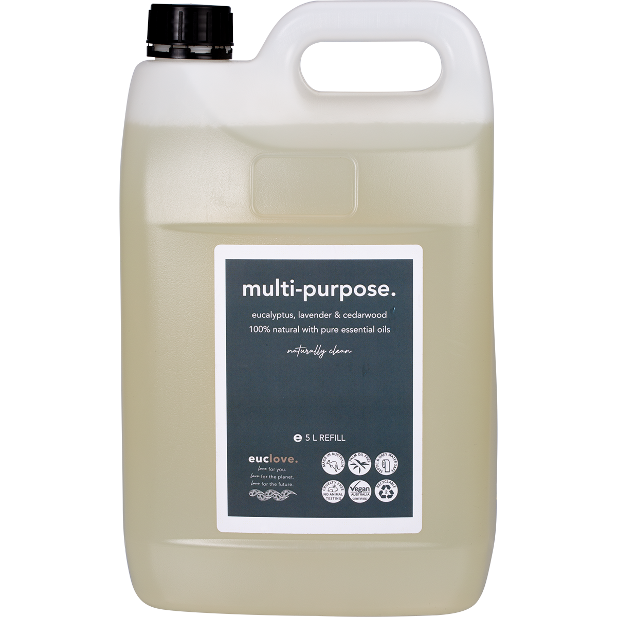 5L white jerry can of Euclove Multi-Purpose Cleaner with eucalyptus, lavender, and cedarwood essential oils.
