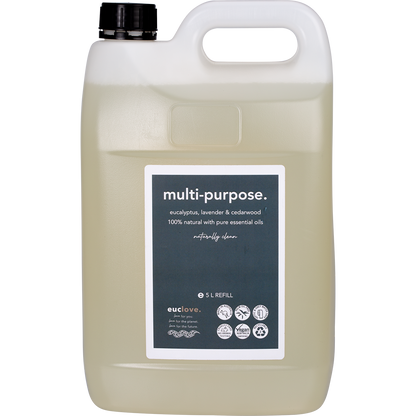 5L white jerry can of Euclove Multi-Purpose Cleaner with eucalyptus, lavender, and cedarwood essential oils.