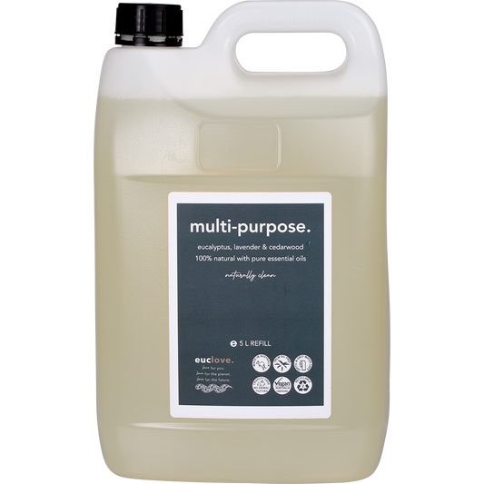 5L white jerry can of Euclove Multi-Purpose Cleaner with eucalyptus, lavender, and cedarwood essential oils.