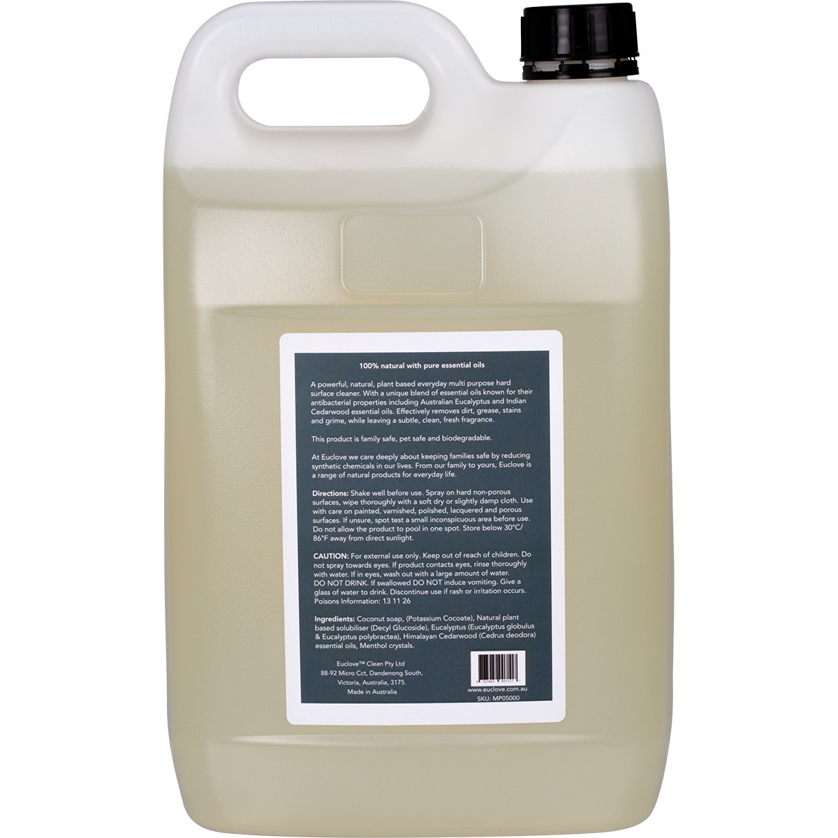Back view of a 5L Euclove Multi-Purpose Cleaner white jerry can with product information and usage instructions.