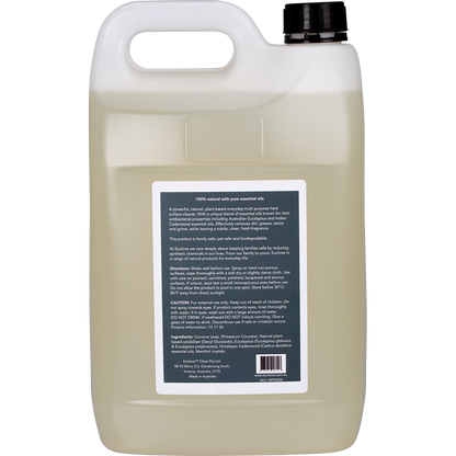 Back view of a 5L Euclove Multi-Purpose Cleaner white jerry can with product information and usage instructions.