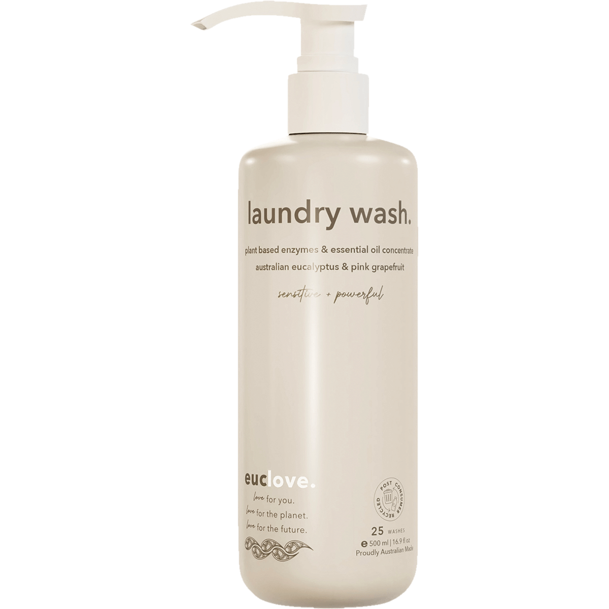 Euclove 500ml Laundry Wash Concentrate bottle with eucalyptus and pink grapefruit on a white background.