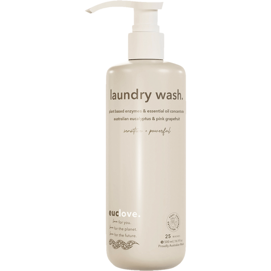 Euclove 500ml Laundry Wash Concentrate bottle with eucalyptus and pink grapefruit on a white background.